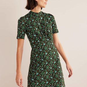 Jersey Mini Dress-Black. Gardenia Swirl