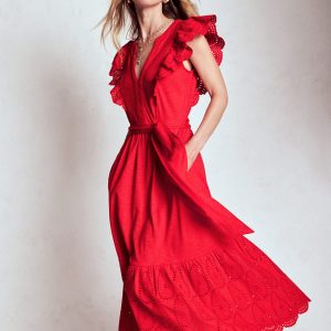 Ruffle Detail Tier Midi Dress-Poppy Red