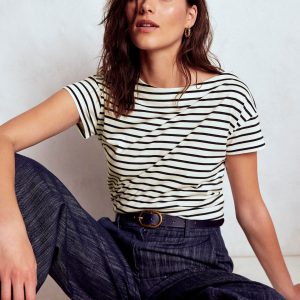 Supersoft Boat Neck T-Shirt-Ivory. Navy Stripe