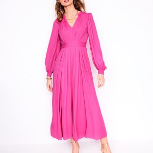 Pleat Detail Blouson Dress-Cosmos Pink