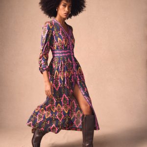 Natalia Long Sleeve Tea Dress-French Navy. Ornate Charm