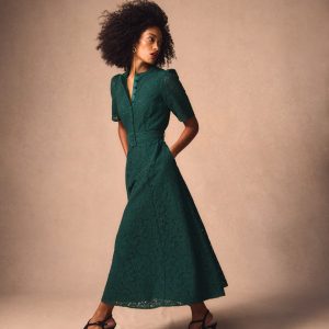 Kate Puff Sleeve Lace Dress-Dark Green