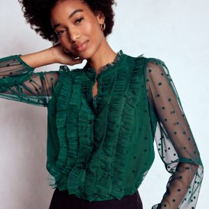 Frilled Tulle Blouse-Emerald Night