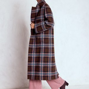 Cocoon Wool Coat-Brown. Teal and Pink Check