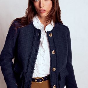Collarless Textured Jacket-Navy