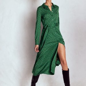 Marcia Jersey Shirt Dress-Hunter Green. Painted Dot