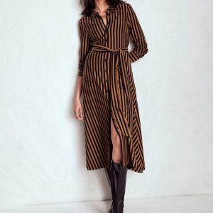Marcia Jersey Shirt Dress-Gingerbread and Navy Stripe