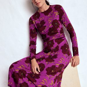 Ruched Jersey Midi Dress-Regal Purple. Peony Bloom