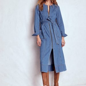 Zip Denim Straight Dress-Mid Vintage Denim