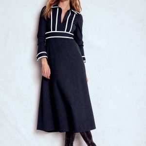 Contrast Ponte Midi Dress-Navy
