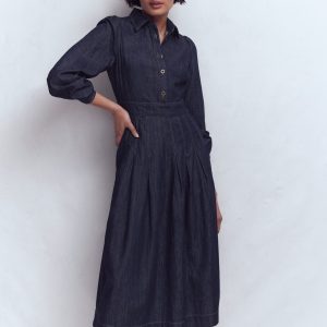 Pleat Skirt Denim Midi Dress-Indigo Wash