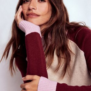 Marion Merino Rib Neck Sweater-Linen. Pinotage Colour Block