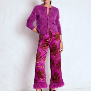 Faux Feather Trim Pants-Regal Purple. Peony Bloom