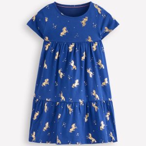 Ariel Twirly Jersey Dress-Sapphire Blue Unicorns