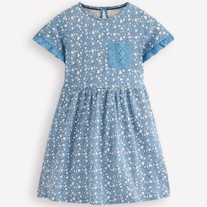 Broderie Pocket Jersey Dress-Glacier Blue Tiny Tulip