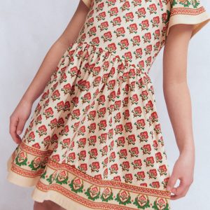 Flutter Sleeve Twirly Dress-Multi Woodblock Floral
