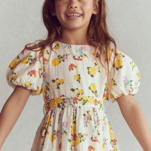 Vintage-style Sash Dress-Soft Ivory Lemon Floral