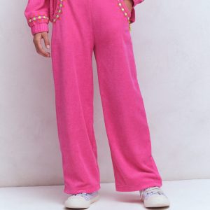 Straight Towelling Pants-Pink Embroidered