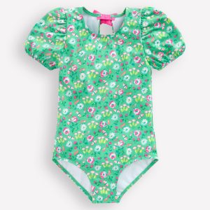 Puff Sleeve Swimsuit-Aquamarine Butterfly Floral