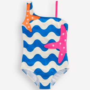 One Shoulder Appliqué Swimsuit-Kingfisher Blue Wave Starfish