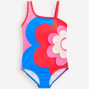 One Shoulder Appliqué Swimsuit-Cut Out Flower