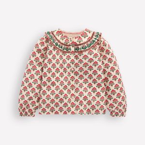 Frill Yoke Blouse-Woodlblock Flower