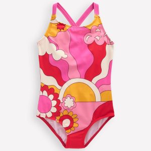 Cross-Back Printed Swimsuit-Cinnamon Red Sixties Sunrise