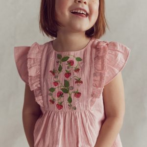 Embroidered Frilly Woven Top-Lotus Strawberries