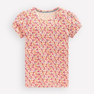 Short Sleeve Pointelle Top-Neon Pink Ditsy Floral