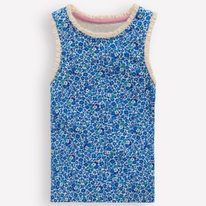 Ribbed Lace Trim Tank-Cabana Blue Ditsy Floral