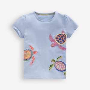 Puff Sleeve Superstitch Top-Misty Blue Turtles