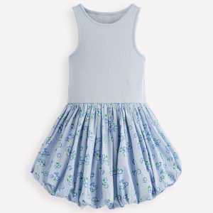 Bubble Hem Rib Dress-Misty Blue Daisy