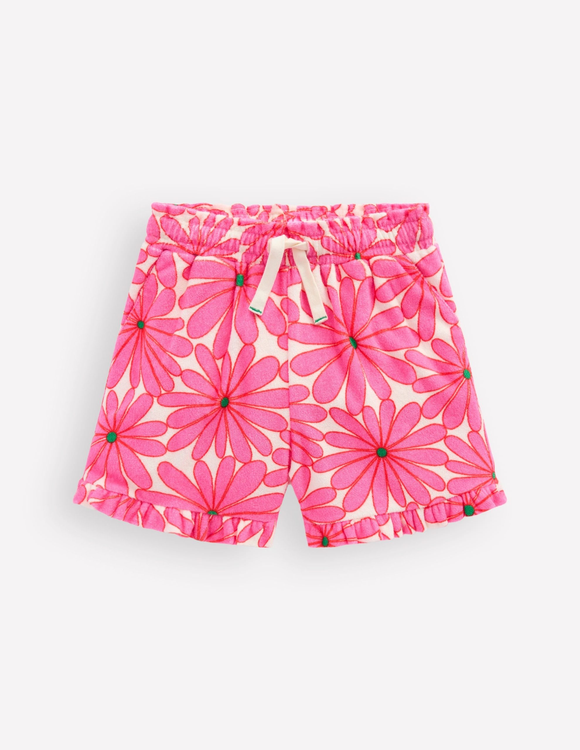Towelling Ruffle Shorts-Festival Pink Giant Daisy - Image 3