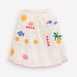Midi Skirt-Ivory Embroidered
