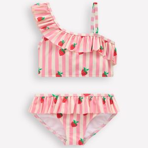 One Shoulder Frill Bikini Set-Pink strawberry stripe