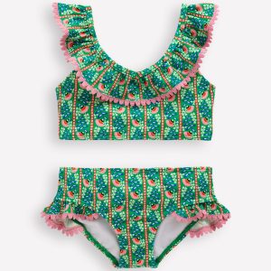 Frill V-neck Bikini Set-Bright green Floral Vine