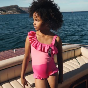 One Shoulder Appliqu?? Swimsuit-Sorbet Pink Flamingo
