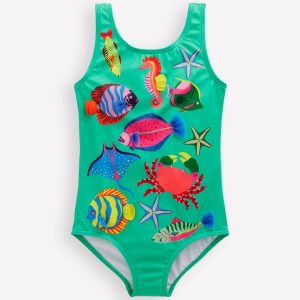 Scoop Back Appliqué Swimsuit-Aquamarine Blue Fish