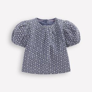 Puff Sleeve Woven Top-Chambray Broderie