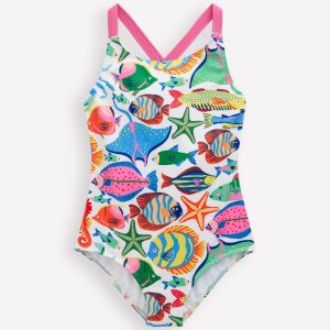 Cross-Back Printed Swimsuit-Multi Fishes