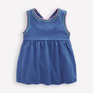 Cross-Back Pom Trim Top-Azure Blue