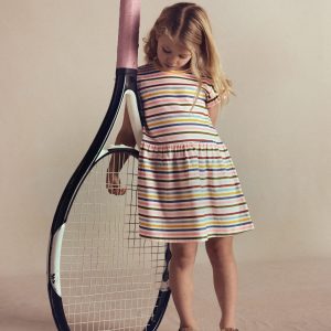 Jersey T-Shirt Dress-Maroon. Pink and Blue Stripe