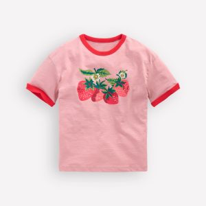Printed Ringer T-shirt-Vintage Pink Strawberries