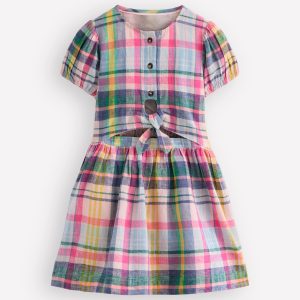 Tie Front Woven Dress-Blue. Pink and Green Check