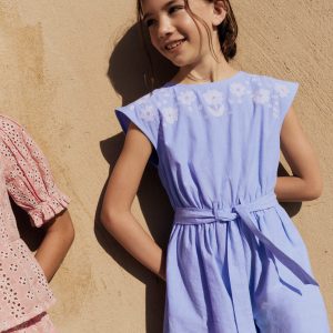 Tie Waist Woven Playsuit-Denim Embroidery