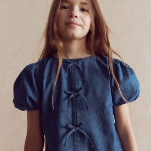Bow Front Woven Top-Chambray
