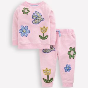 Applique Sweatshirt Set-Pink Floral Patchwork