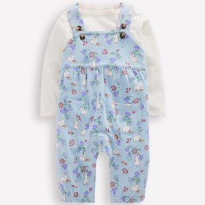 Jersey Dungaree Set-Misty Blue Bunny Floral