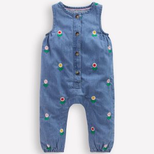 Embroidered Chambray Romper-Floral Embroidered Chambray