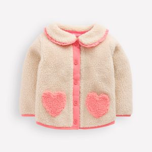 Girls Borg Collared Jacket-Neutral/Pink Heart